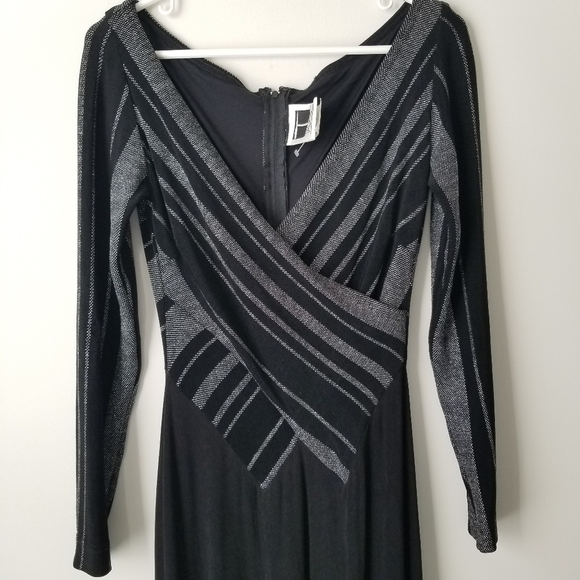 Tadashi Vintage Deep V Neck Long Sleeve Evening Gown Black & Silver Sequins M - Picture 12 of 15